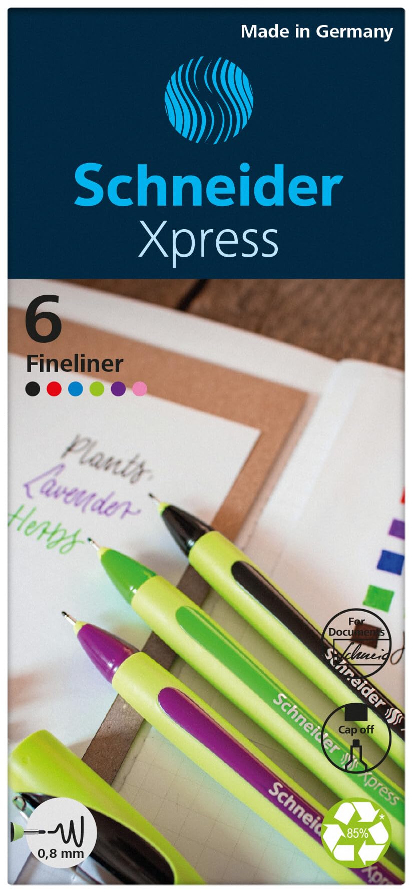 Schneider Xpress Premium Fineliner, 0.8 mm Porous Point, Light Green Barrel, Assorted Ink Colors, Wallet of 6 Pens: Black, Red, Blue, Green, Violet, Pink (190086)