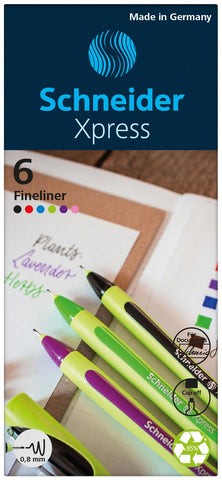 Schneider Xpress Premium Fineliner, 0.8 mm Porous Point, Light Green Barrel, Assorted Ink Colors, Wallet of 6 Pens: Black, Red, Blue, Green, Violet, Pink (190086)