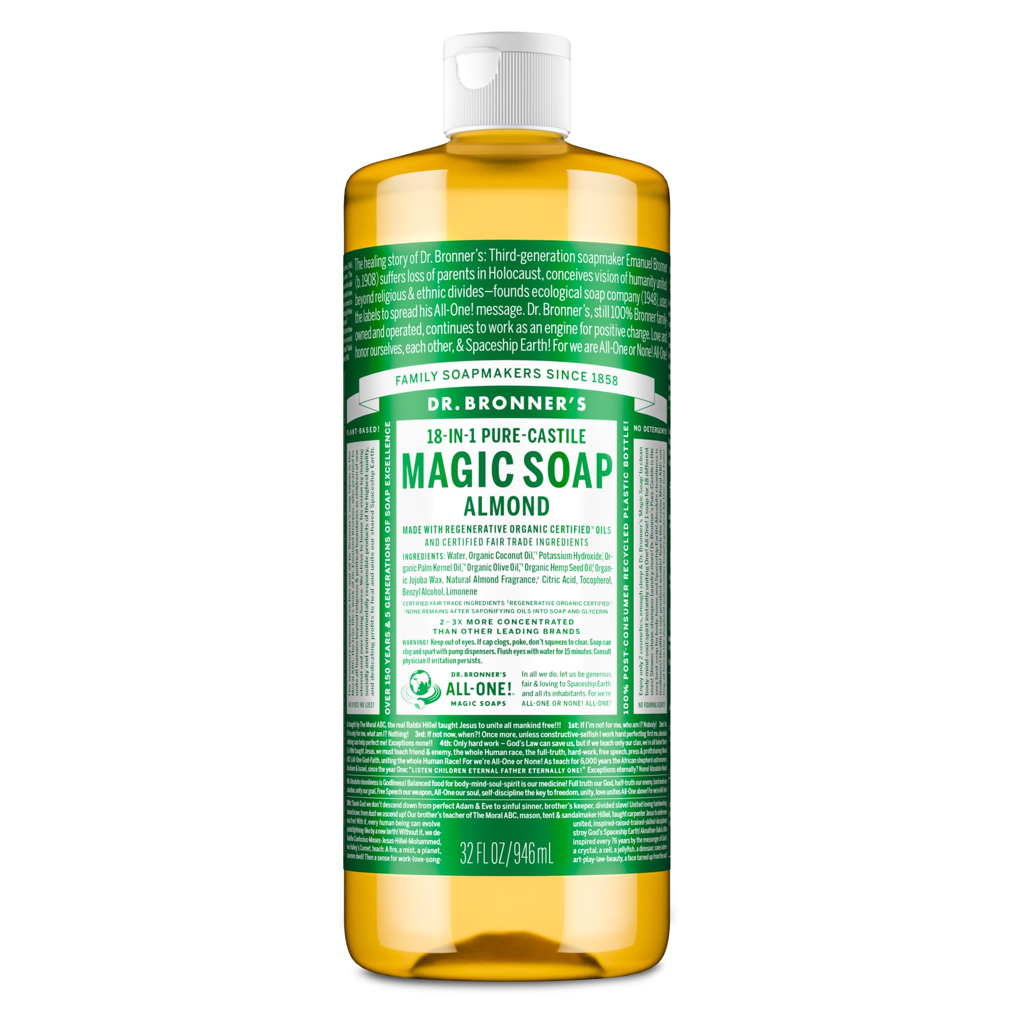 Dr. Bronner's Pure-Castile Magic Soap Liquid (Almond, 32 Ounce) - Made with Regenerative Organic Certified Oils, 18-in-1 Uses: Face, Body, Hair, Laundry, Pets and Dishes, Concentrated, Vegan, Non-GMO