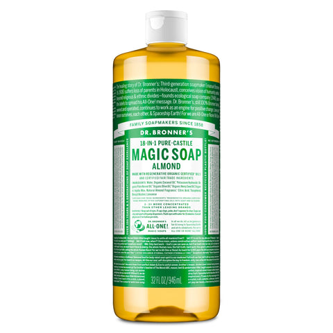 Dr. Bronner's Pure-Castile Magic Soap Liquid (Almond, 32 Ounce) - Made with Regenerative Organic Certified Oils, 18-in-1 Uses: Face, Body, Hair, Laundry, Pets and Dishes, Concentrated, Vegan, Non-GMO