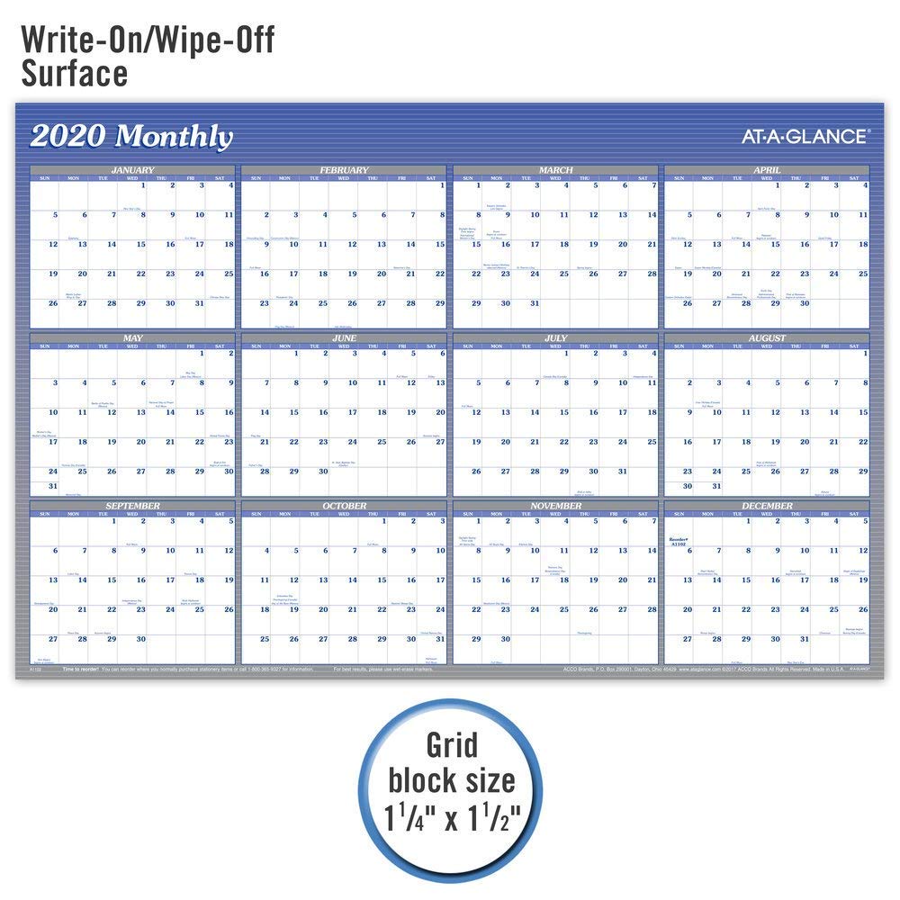 2021 Erasable Calendar, Dry Erase Wall Planner by AT-A-GLANCE, 36" x 24", Large, Vertical/Horizontal, Reversible, Blue (A1102-21)