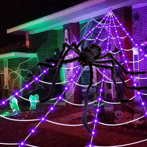 OCATO Halloween Decorations Spider Webs: Spider Web Lights 135 LED Purple Lights 59" Giant Spider Scary Halloween Decorations Outdoor Indoor for Party Garden Home Costumes Yard Haunted House