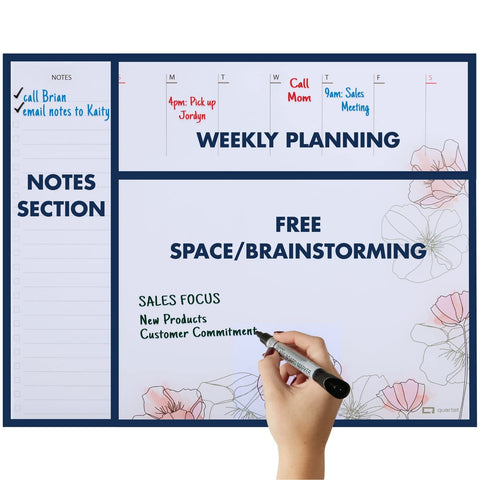Quartet Glass Desktop Weekly Planner, 17" x 22", Whiteboard, Dry Erase Surface, Clean Erase, Includes 1 Dry Erase Marker, Floral (GDP2217F)
