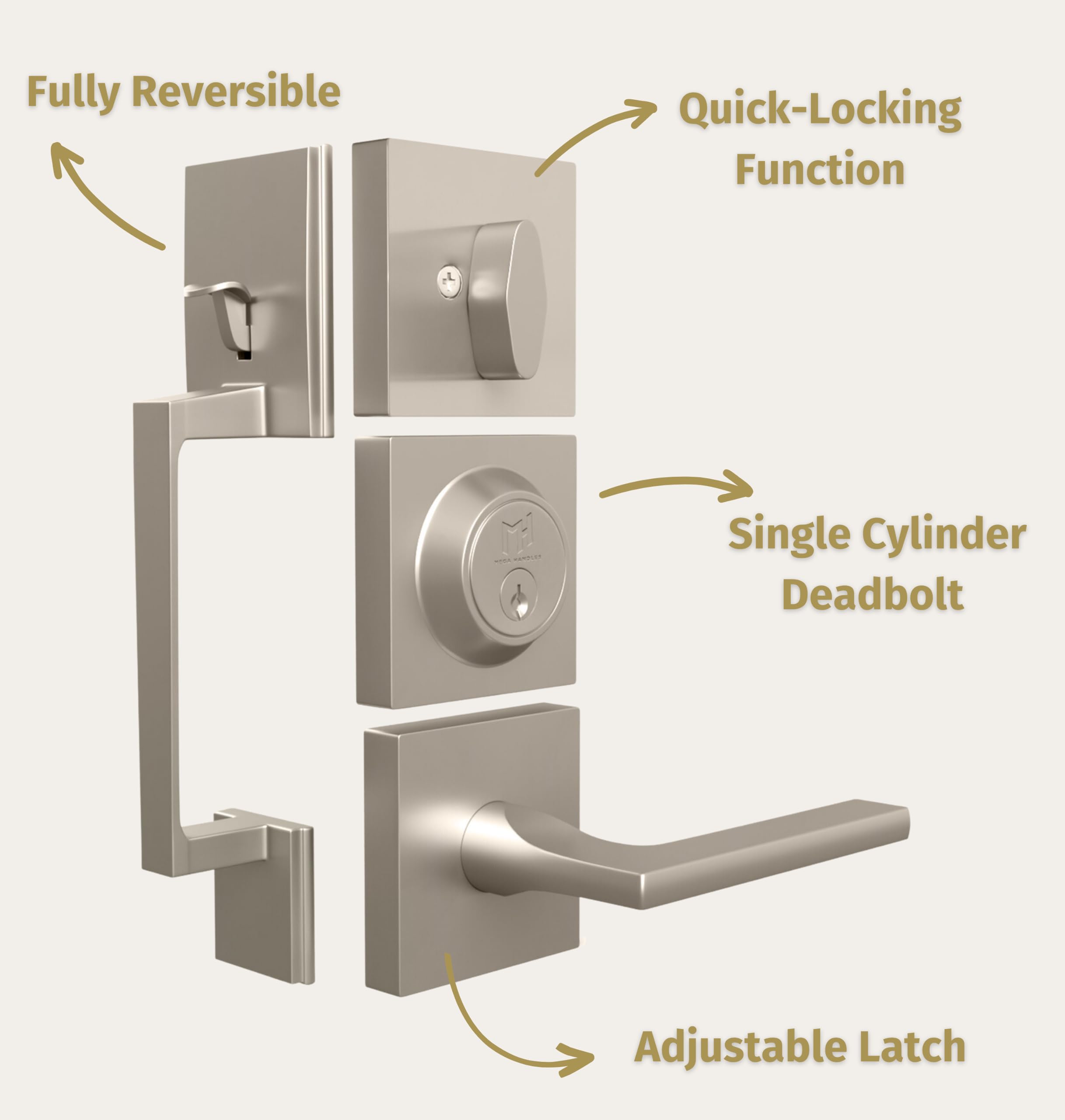 Mega Handles - TOBELLE Silver Entry Door Handleset - Single Cylinder Handleset with Lever for Entrance and Front Doors - Modern Door Handles for Left and Right-Handed Doors - Straight Handle