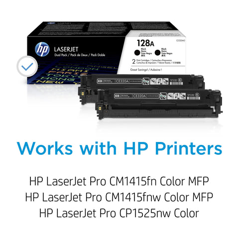 HP Original 128A Black Toner Cartridges (2-Pack) | Works LaserJet Pro CM1415 Color, CP1525 Color Series | CE320AD