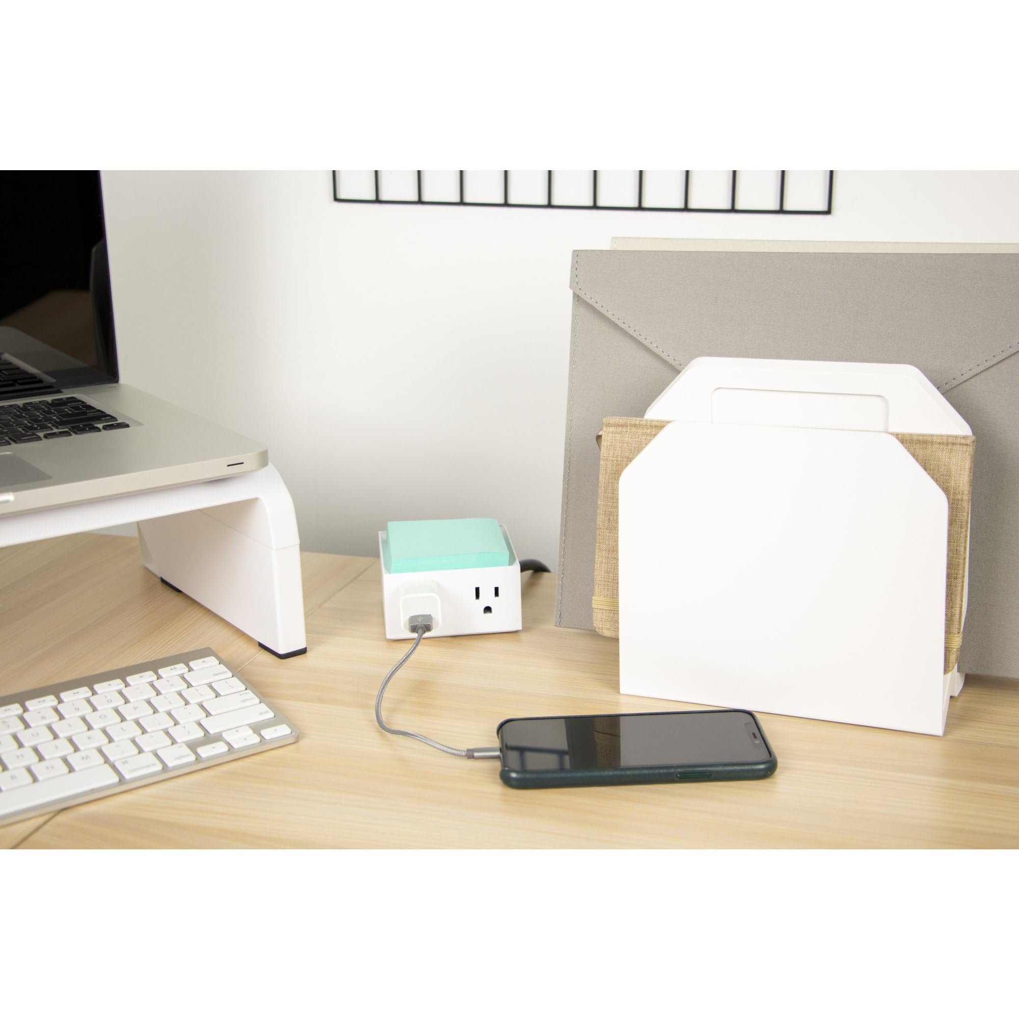 Bostitch Office Konnect Power Hub, Two Outlets Charging Station for Desktop, Shallow Tray Top, White
