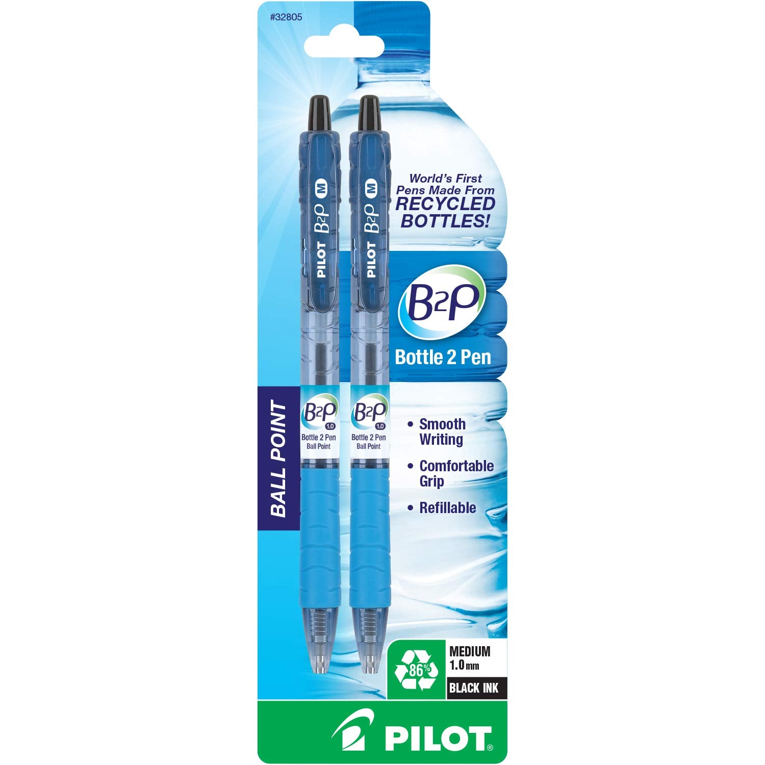 PILOT B2P - Bottle to Pen Refillable & Retractable Ball Point Pen Made From Recycled Bottles, Medium Point, Black Ink, 2-Pack (32805)