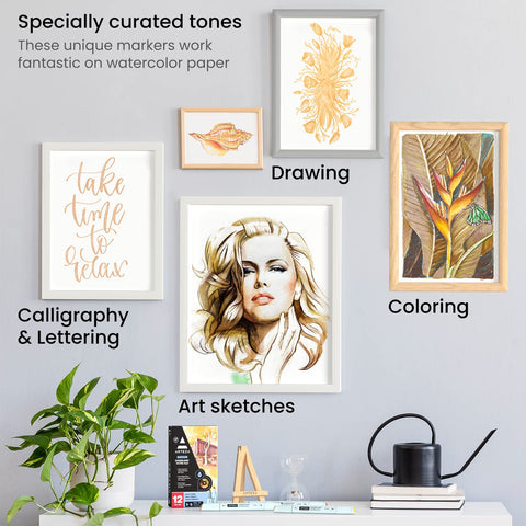 ARTEZA Dual Tip Nylon Brush Pens Set of 12 Earth Tones, EverBlend Watercolor Calligraphy Markers, Water-Based Ink