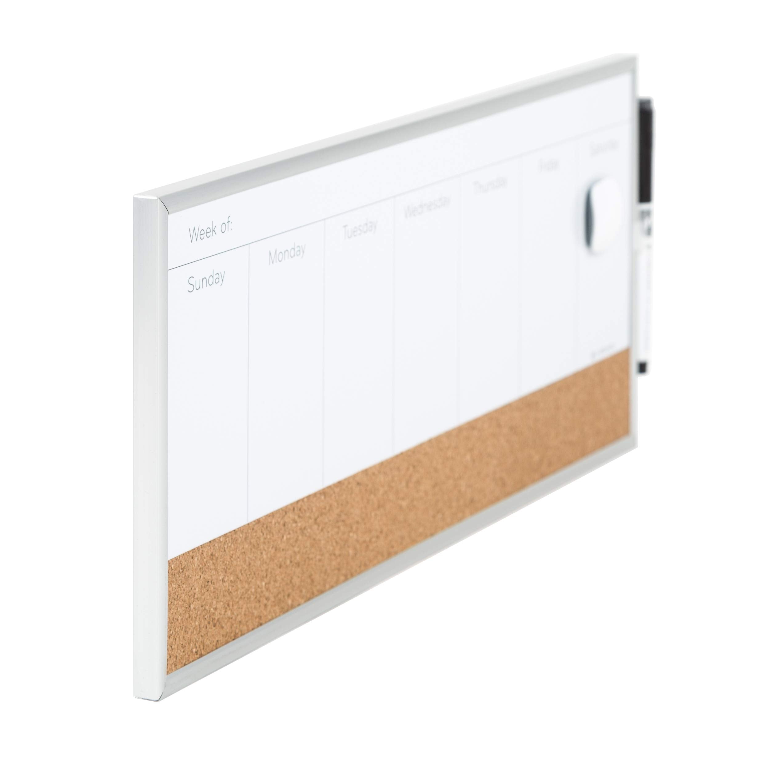 U Brands Magnetic Dry Erase Weekly Calendar White Board With Cork Strip, 18" x 7.5", Silver Aluminum Frame, Includes Magnet, Marker