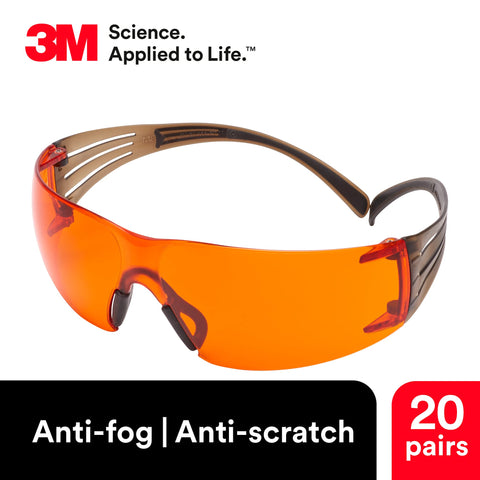 3M Safety Glasses, SecureFit, 20 Pack, ANSI Z87, Scotchgard Anti-Fog Anti-Scratch, Orange Lens, Brown/Black Frame, Flexible Temples