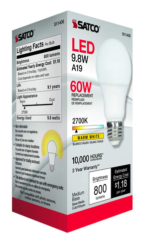 Satco S11406 Econo LED A19 Light Bulb, 60W Replacement, 2700K Warm White, 800 Lumens