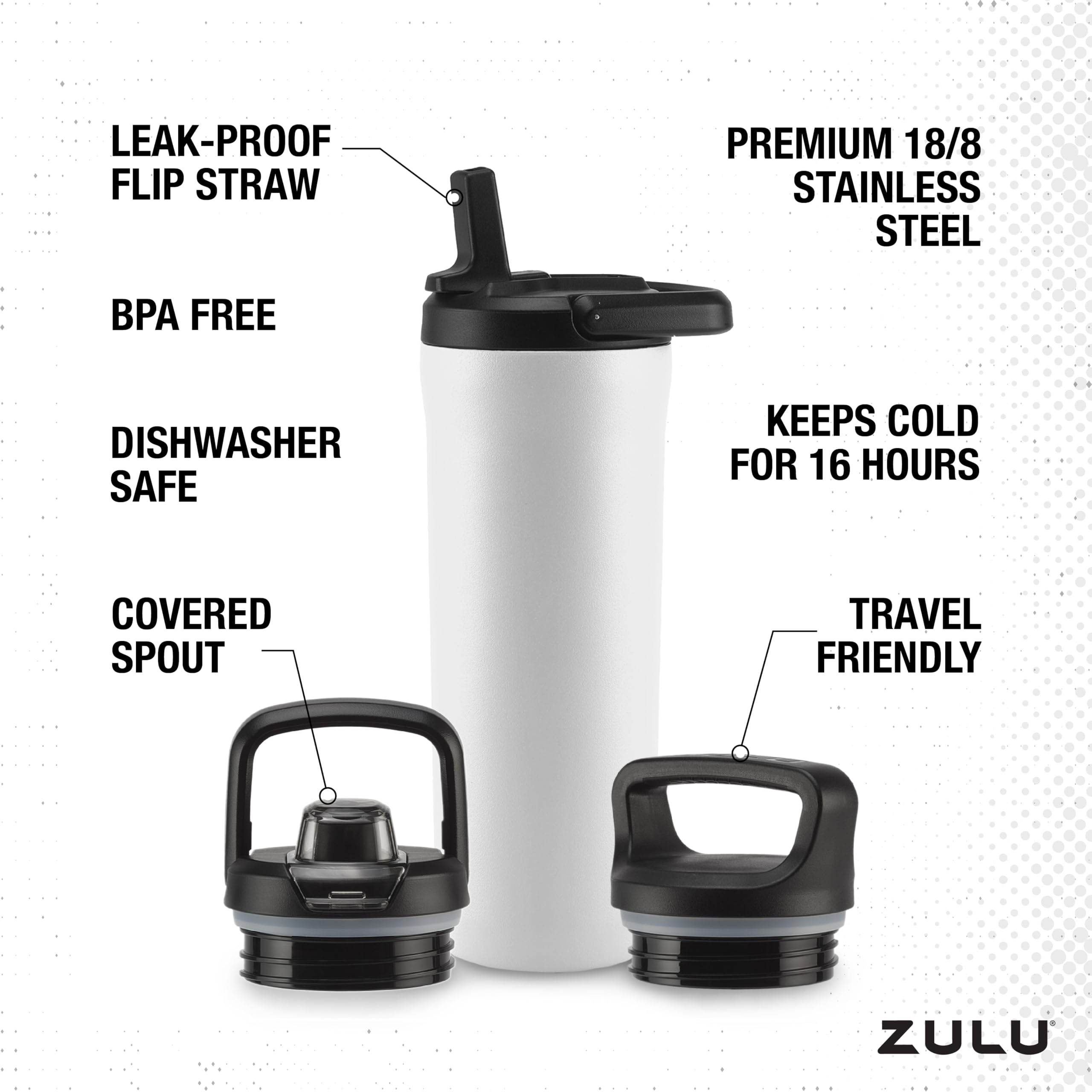 ZULU Base 18oz Kids Stainless Steel Water Bottle with 3 Lids- Straw, Chug, Twist | Double Walled and Vacuum Insulated Metal Thermos | Fits Car Cupholder, Built in Carry Loop, Dishwasher Safe, White