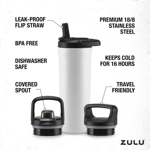 ZULU Base 18oz Kids Stainless Steel Water Bottle with 3 Lids- Straw, Chug, Twist | Double Walled and Vacuum Insulated Metal Thermos | Fits Car Cupholder, Built in Carry Loop, Dishwasher Safe, White