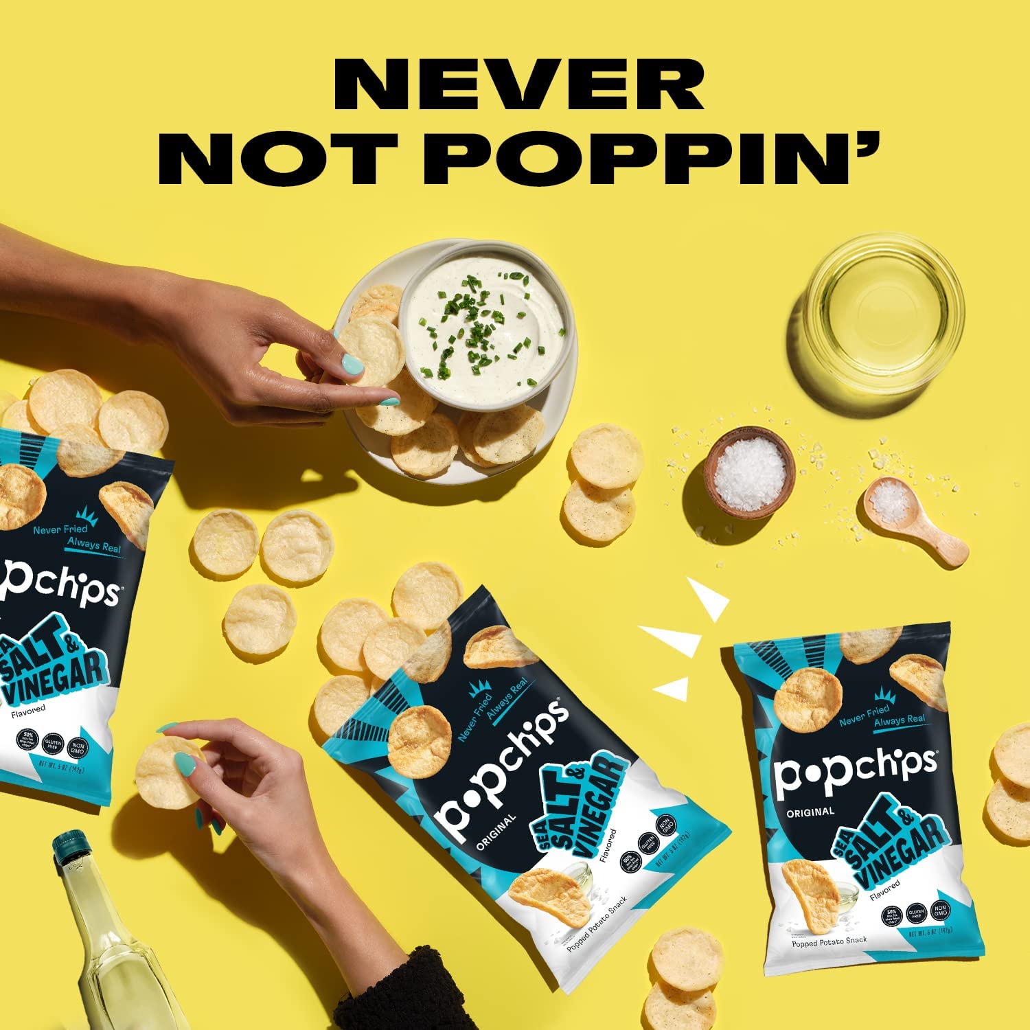 Popchips Potato Chips, Sea Salt & Vinegar, 5.0 oz. Share Bags, Low-Calorie, Gluten Free, Salty Snacks for Adults and Children, Non-GMO, Vegan & Kosher Friendly, 130 Calories Per Serving