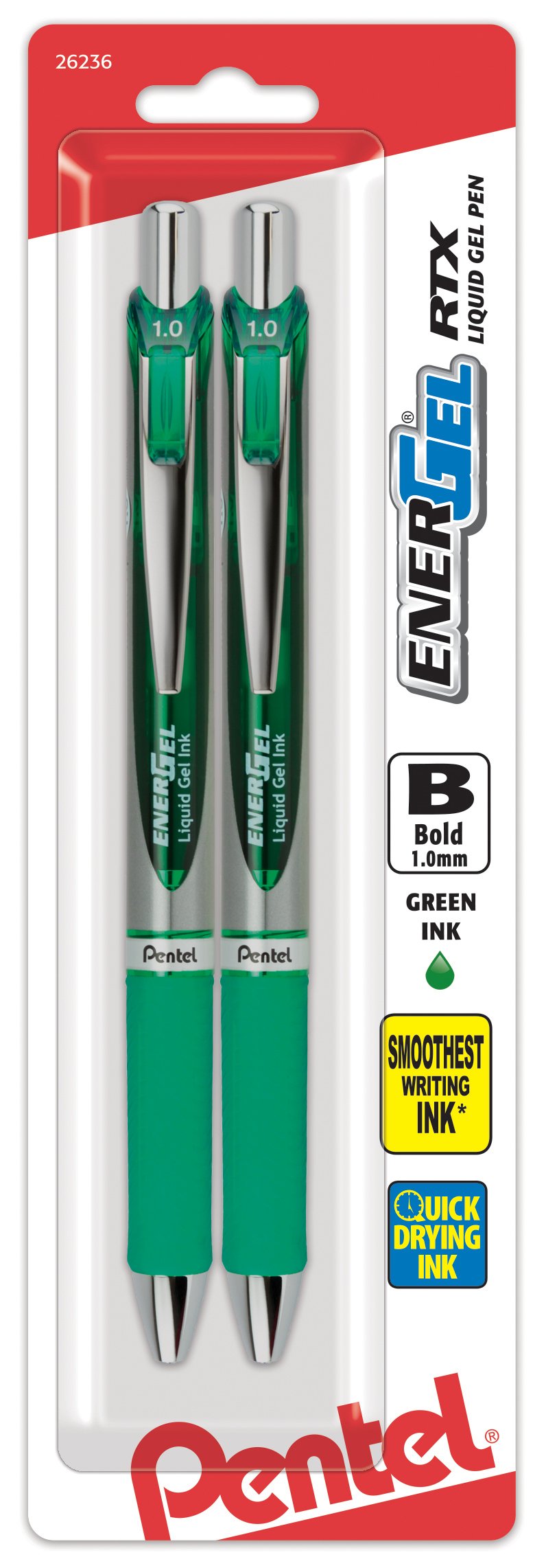 Pentel EnerGel RTX Retractable Liquid Gel Pen, (1.0mm), Bold Line, Metal Tip, Green Ink, Pack of 2 (BL80BP2D)