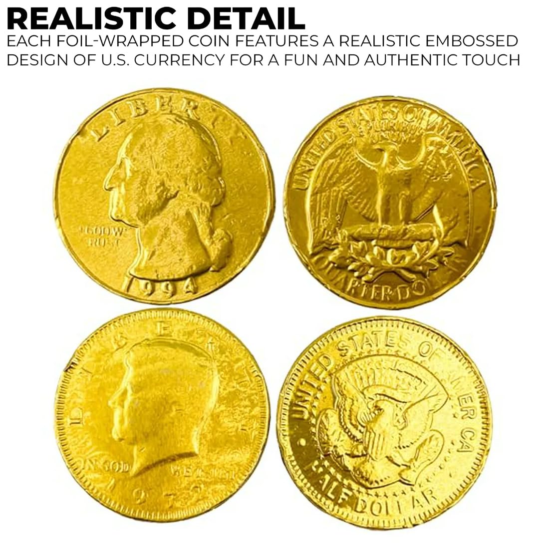 Set of 18 Assorted Chocolate Coins – Realistic Gold Foil Wrapped Quarters & Kennedy Half Dollar Candy Treats – For St Patrick's Day, Easter, Halloween, Classrooms, Scavenger Hunts & More!
