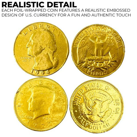 Set of 18 Assorted Chocolate Coins – Realistic Gold Foil Wrapped Quarters & Kennedy Half Dollar Candy Treats – For St Patrick's Day, Easter, Halloween, Classrooms, Scavenger Hunts & More!