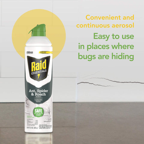 Raid Essentials Ant Spider, and Roach Killer Aerosol Spray, Child & Pet Safe, Kills Insects Quickly, for Indoor Use, 10 oz (Pack of 3)