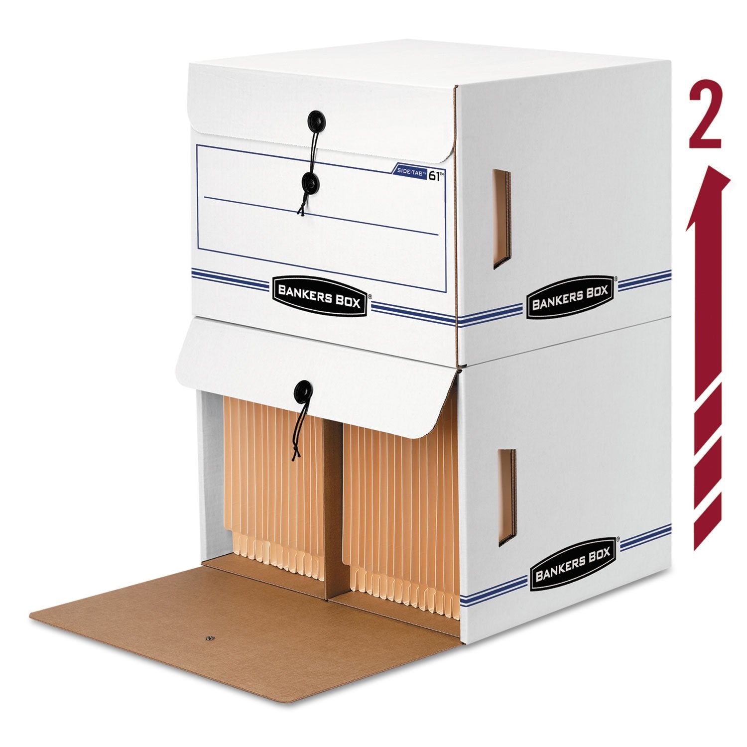 Bankers Box ox 12 Pack SIDE-TAB DROP FRONT Basic-Duty File Storage Boxes, Standard Setup, String and Button, Letter, White/Blue