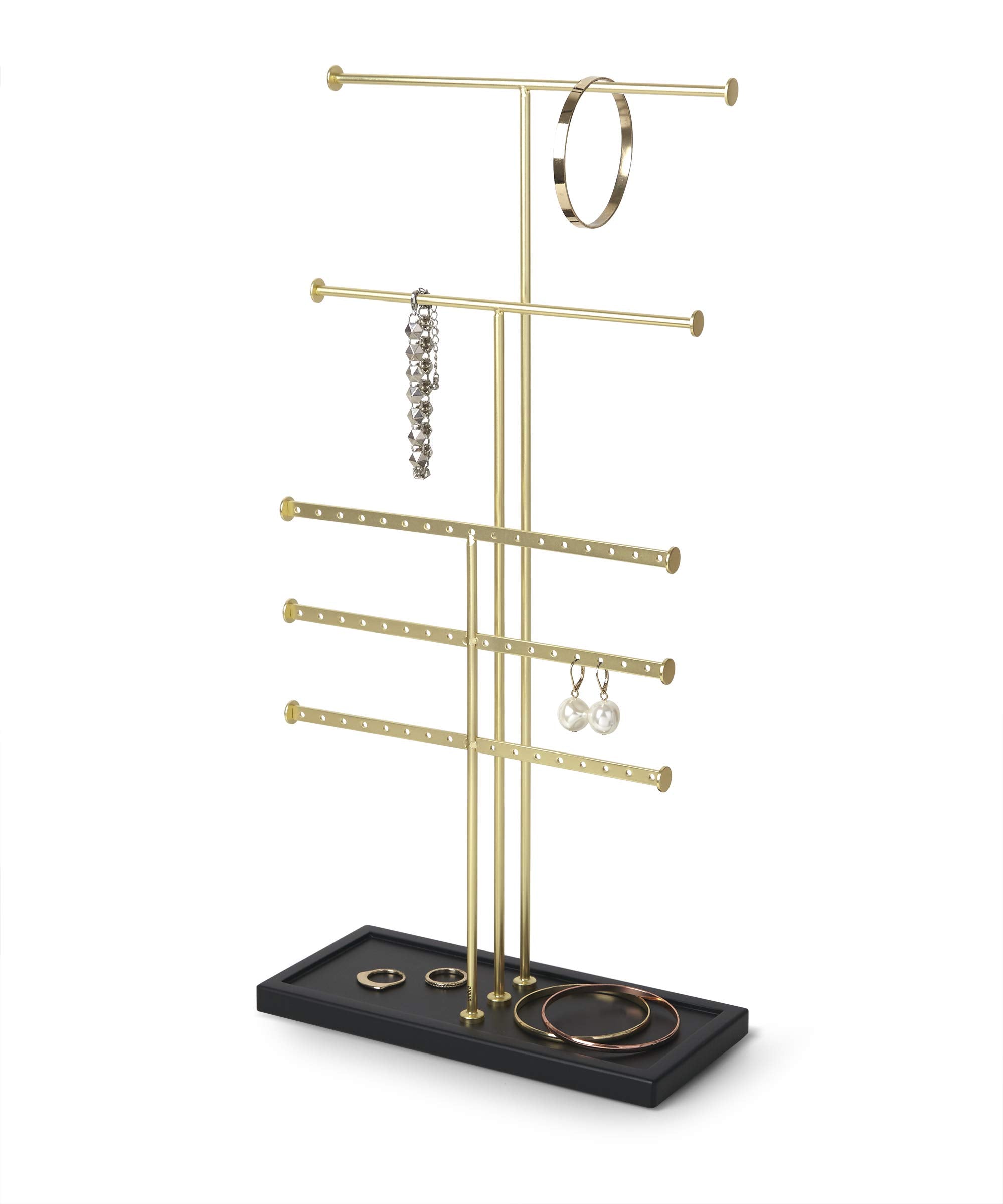 Umbra Trigem Tiered Tabletop Jewelry Organizer Freestanding Hanging Necklace, Earring and Bracelet Display, 5, Black/Brass