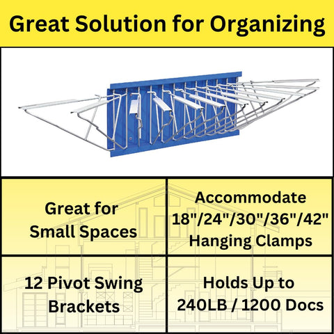 Adir Wall Mount Blueprint Rack - Blue Print Organizer, Poster Wall Mount Display, Map Storage Holder with 12 Pivot Brackets - Plan Rack for Office (Without Blueprint Clamps)