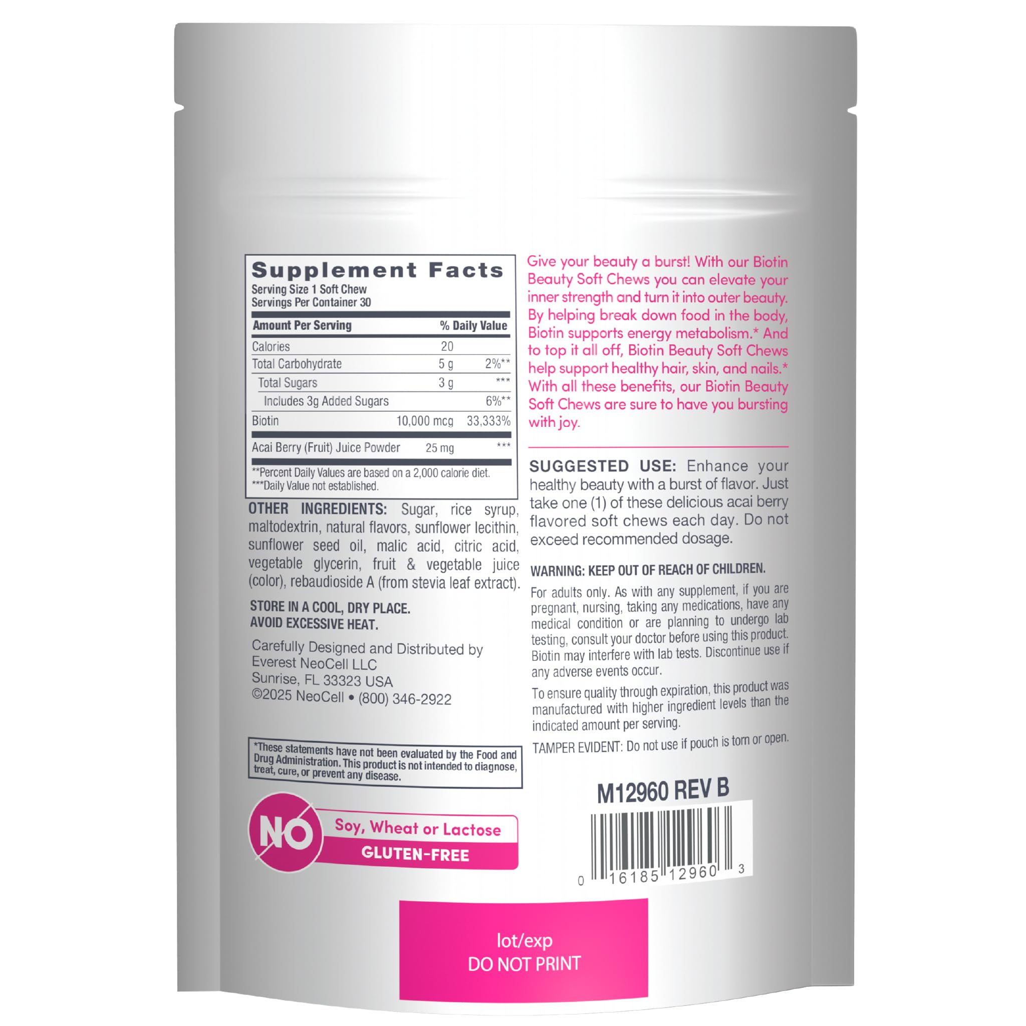 NeoCell Biotin Beauty Soft Chews | 30 Chewables | 10000mcg | Hair, Skin & Nails | Acai Berry Flavor