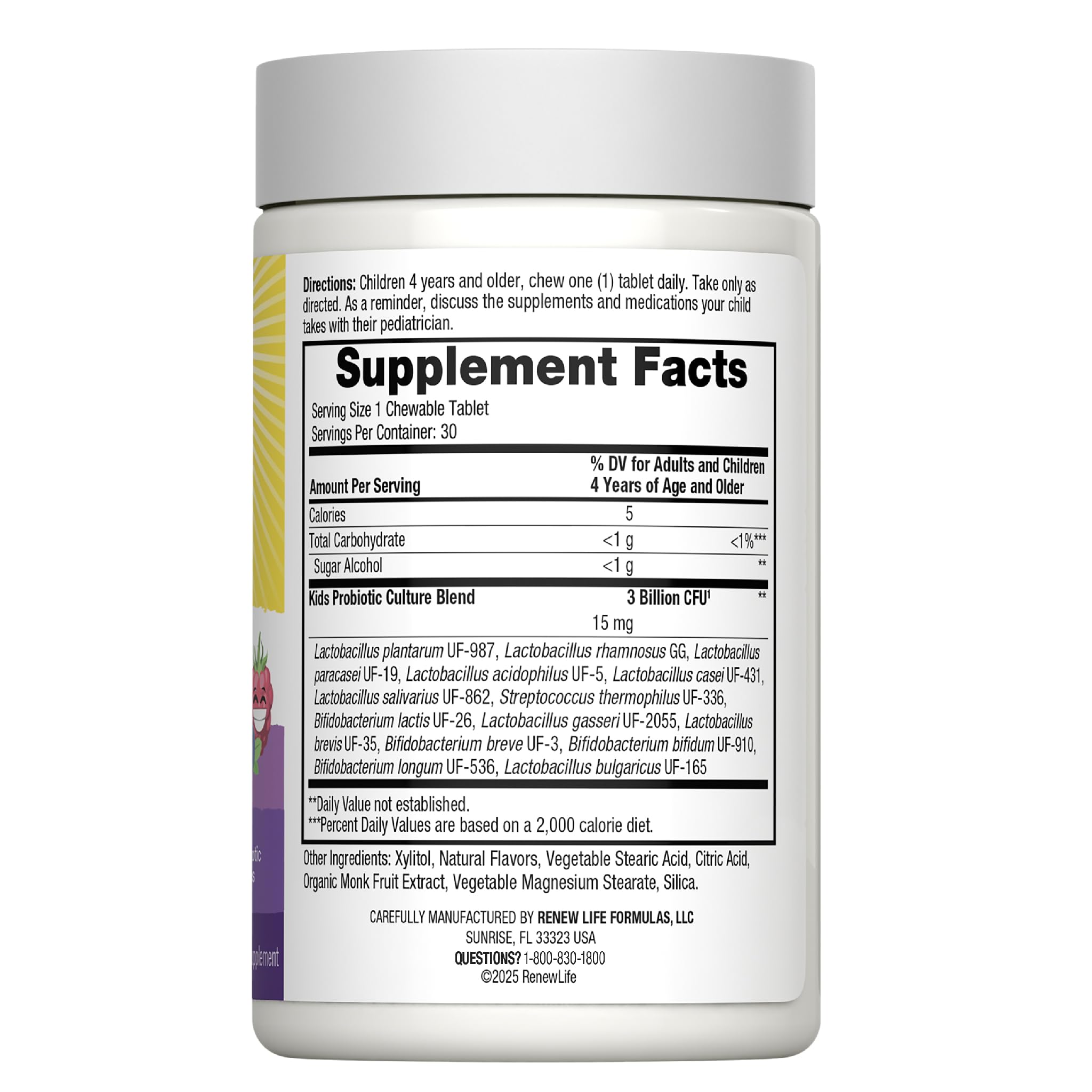 Renew Life Kids Probiotic Chewables, Supports Digestive & Immune Health, Prebiotics & Probiotics, Raspberry, 30 Chewable Tablets