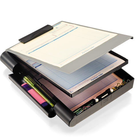 Officemate Double Storage Clipboard, Form Holder with 2 Compartments, Magnetized Storage, Pen Holder & Clip, Letter Size, Recycled Plastic, Gray/Black (83357)