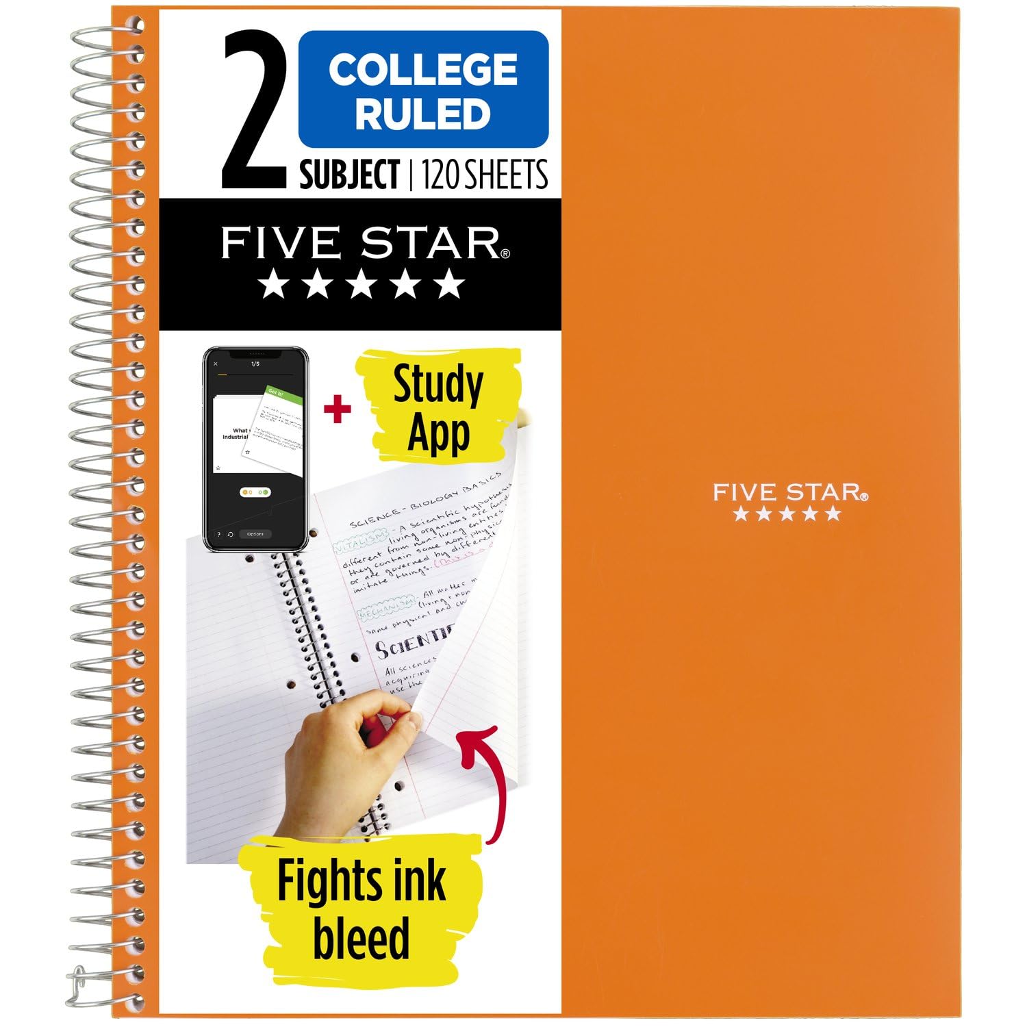 Five Star Spiral Notebook + Study App, 2 Subject, College Ruled, 8-1/2" x 11", 120 Sheets, Fights Ink Bleed, Purple, Orange, Green, Blue, Gray, Black, Color Will Vary, 1 Count (824230)