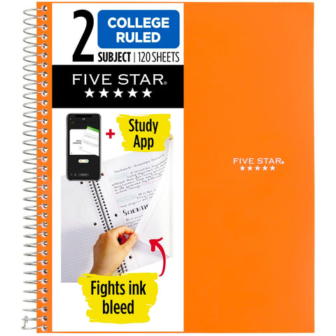 Five Star Spiral Notebook + Study App, 2 Subject, College Ruled, 8-1/2" x 11", 120 Sheets, Fights Ink Bleed, Purple, Orange, Green, Blue, Gray, Black, Color Will Vary, 1 Count (824230)