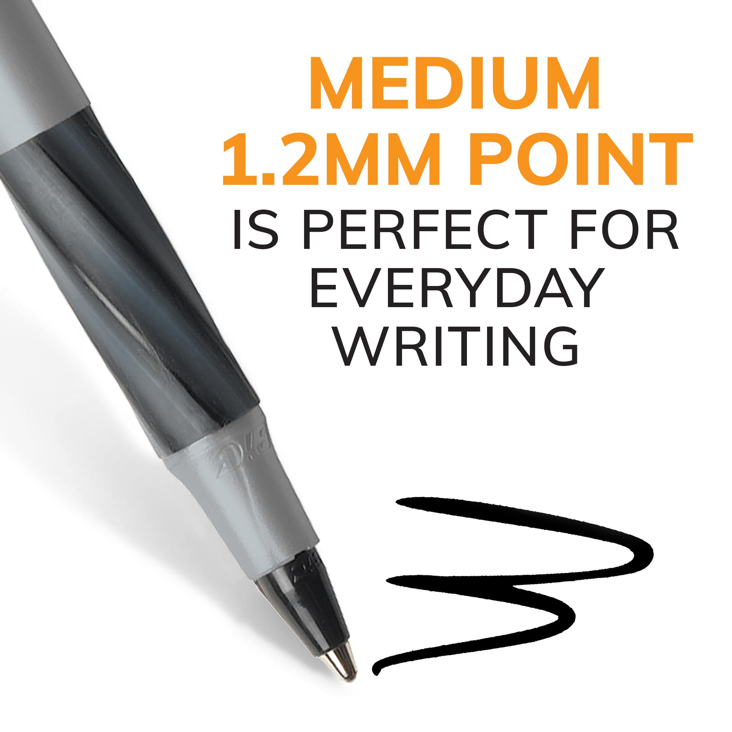 BIC Round Stic Grip Xtra-Comfort Ballpoint Pens, Medium Point, 1.2 mm, Gray Barrel, Black Ink, Pack Of 12 Pens
