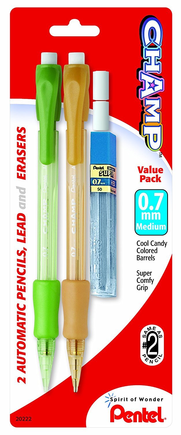Pentel Champ Mechanical Pencil with Lead and 2 Erasers, (0.7mm), Assorted Barrels, Barrel Color May Vary, 2 Pack (AL17LEBP2)