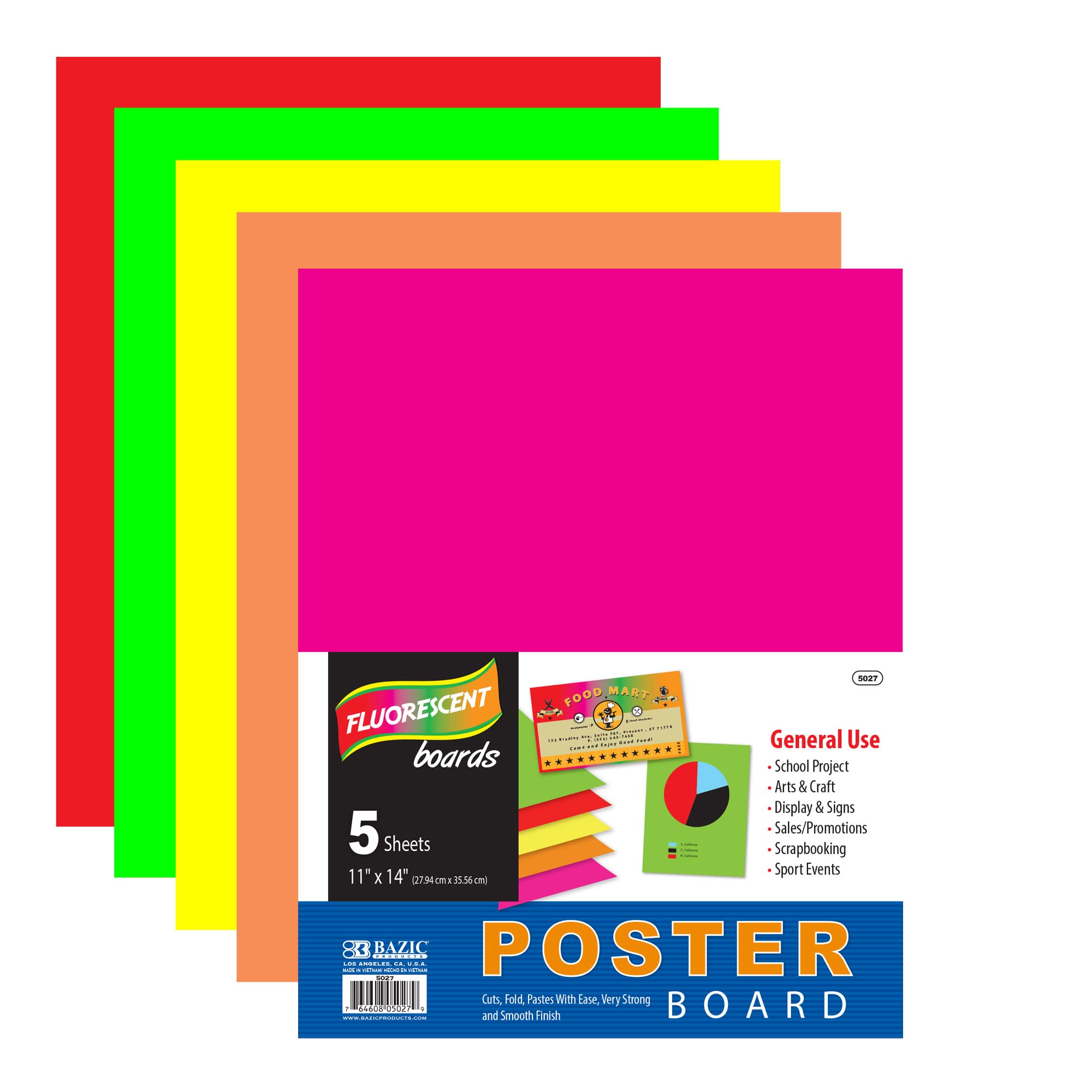 BAZIC Products Poster Board, Multi Color Fluorescent, 11" X 14", Poster Board Paper, Colored Paper, Vision Board Poster, Ideal for Crafts, Signs, School Projects, Displays, 5/Pack, 1-Pack
