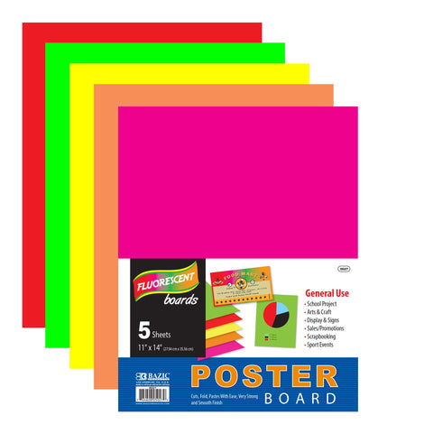 BAZIC Products Poster Board, Multi Color Fluorescent, 11" X 14", Poster Board Paper, Colored Paper, Vision Board Poster, Ideal for Crafts, Signs, School Projects, Displays, 5/Pack, 1-Pack