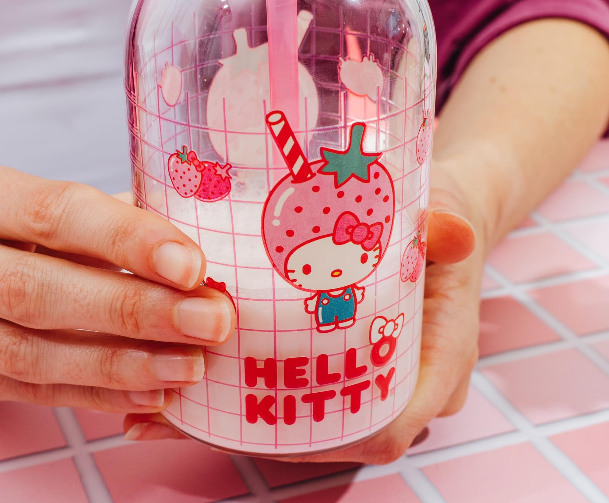 Silver Buffalo Sanrio Hello Kitty Strawberry Milk Grid Glass Milk Bottle with Straw, 15 Ounces