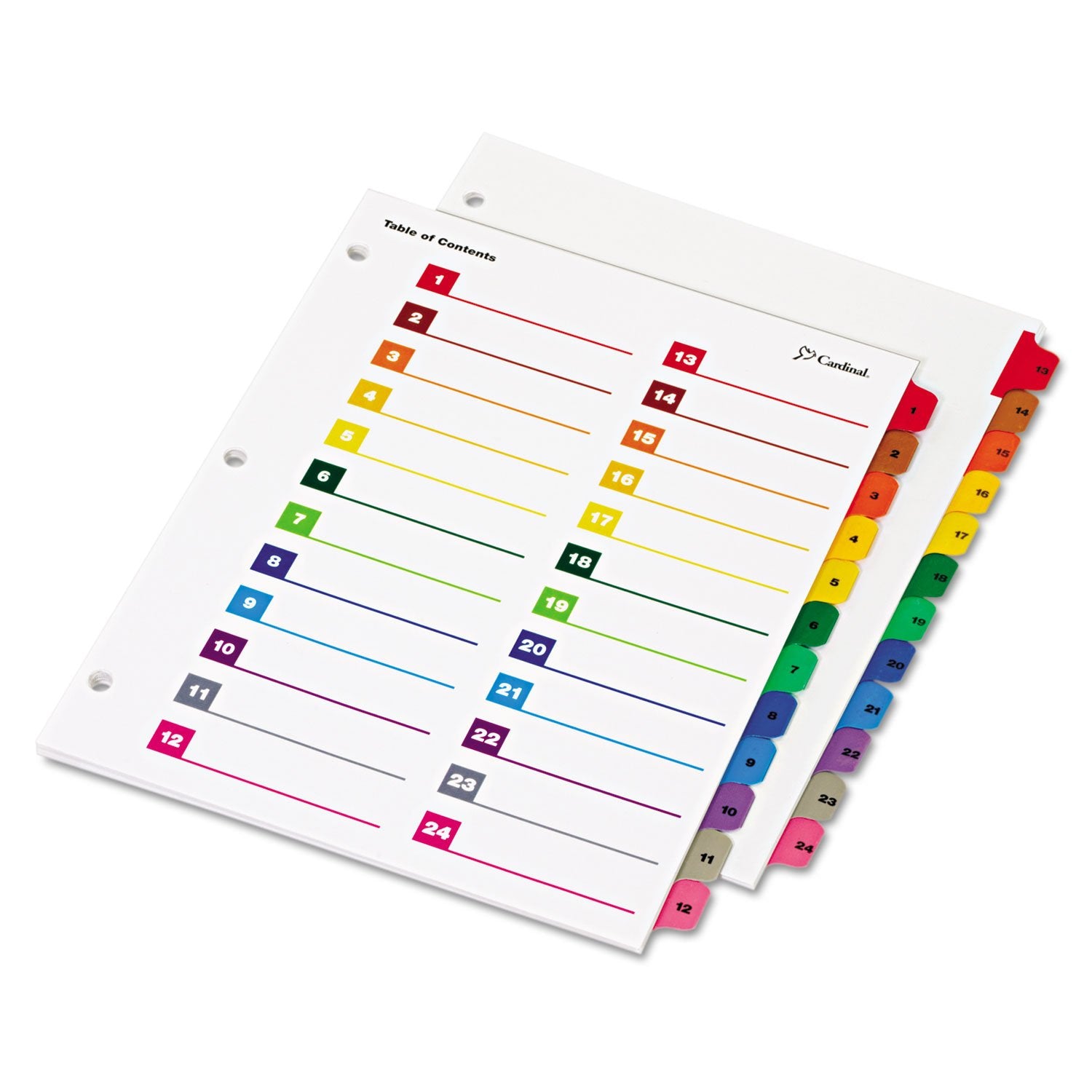 Cardinal Binder Dividers, 24 Tabs, Numbered 1–24, Customizable Table of Contents Page, Reversible Multicolor Tabs, 3-Hole Punched for Binders