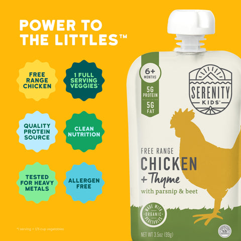 Serenity Kids 6+ Months Baby Food Pouches - Protein-Rich Puree - Veggie-First Organic Baby Food Blend - On-the-Go Toddler Meal Pouch - Chicken & Thyme - 3.5 Oz, Pack of 1
