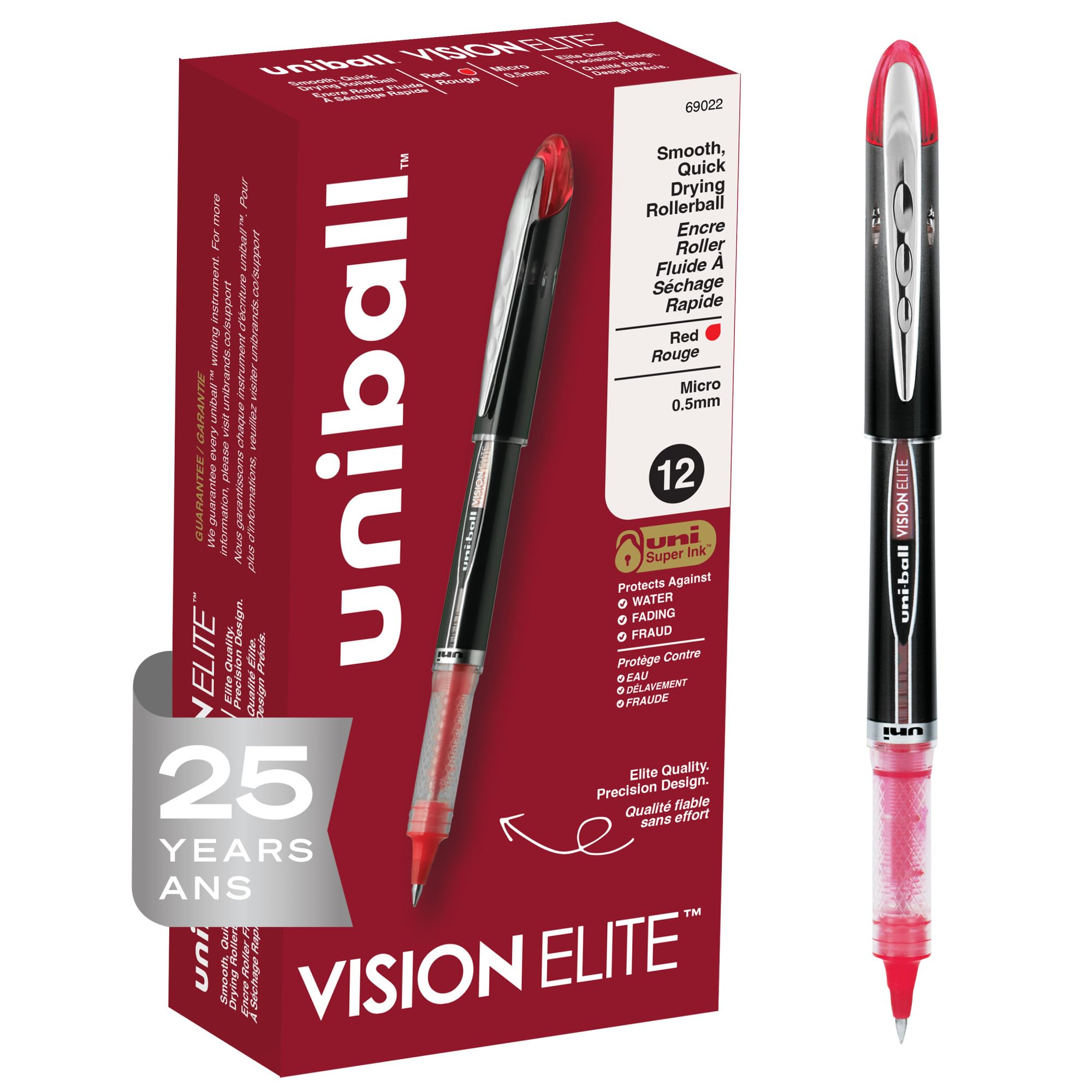 uniball Vision Elite Rollerball Pens, Micro Point (0.5mm), Red, 12 Pack