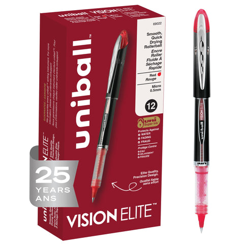 uniball Vision Elite Rollerball Pens, Micro Point (0.5mm), Red, 12 Pack