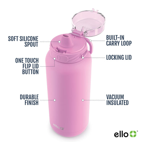 Ello Cooper 40oz Stainless Steel Water Bottle with Straw and Carry Handle, Double Walled and Vacuum Insulated Metal, Leak Proof Locking Lid with Soft Silicone Spout, Reusable, BPA Free, Bubblegum