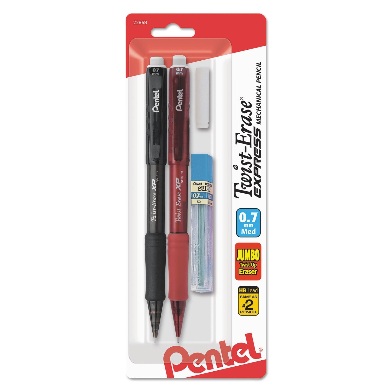 Pentel Twist-Erase Express Automatic Pencil with Lead and Eraser, 0.7mm, Assorted Barrels, 2 Pack (QE417LEBP2)