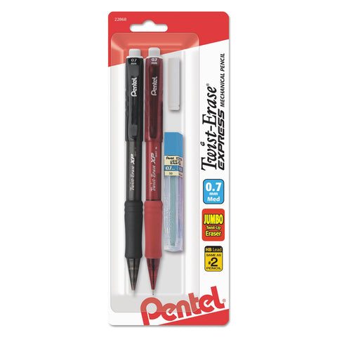 Pentel Twist-Erase Express Automatic Pencil with Lead and Eraser, 0.7mm, Assorted Barrels, 2 Pack (QE417LEBP2)