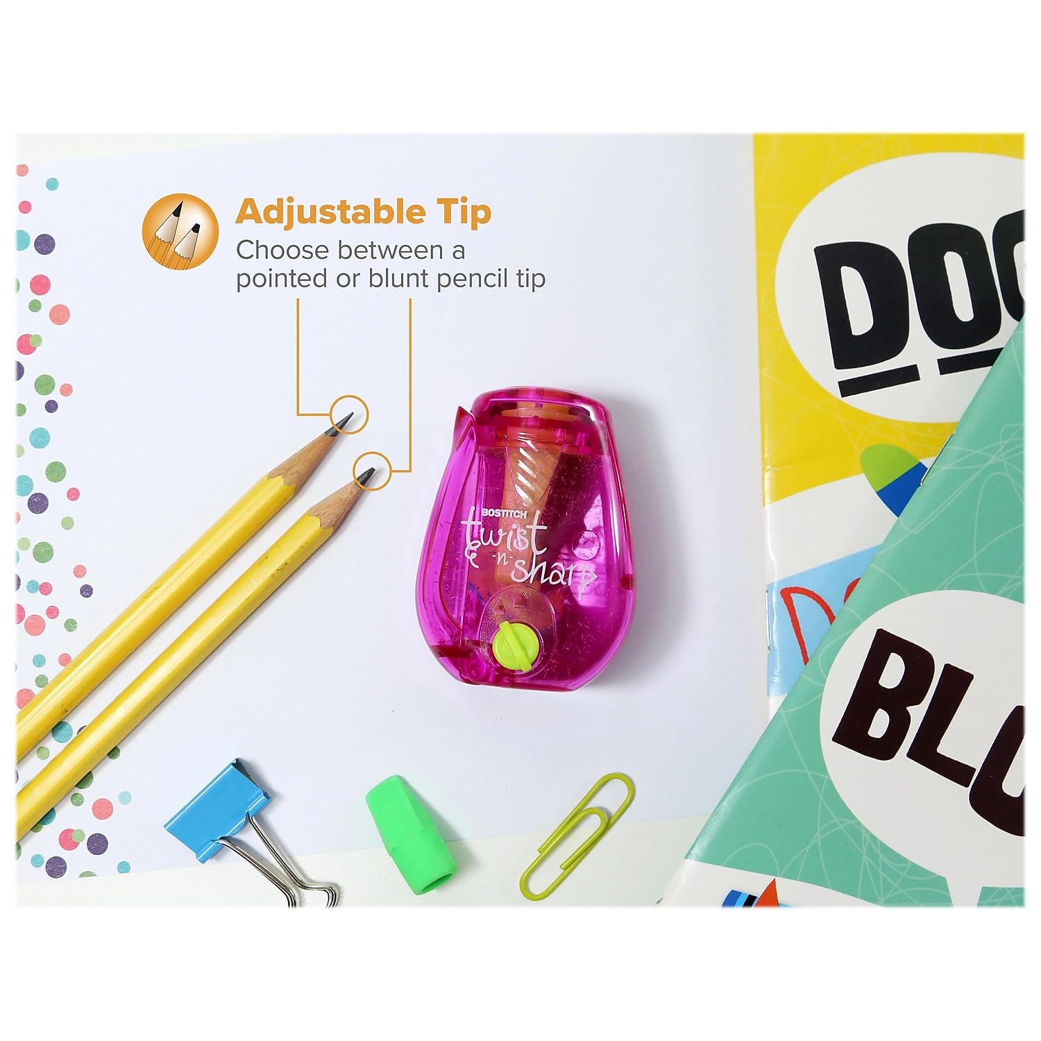 Bostitch Office Pencil Sharpener, Twist-N-Sharp, Easy Open Tray, Perfect for Kids, Works with Colored Pencils & Makeup Pencils, 3-Pack