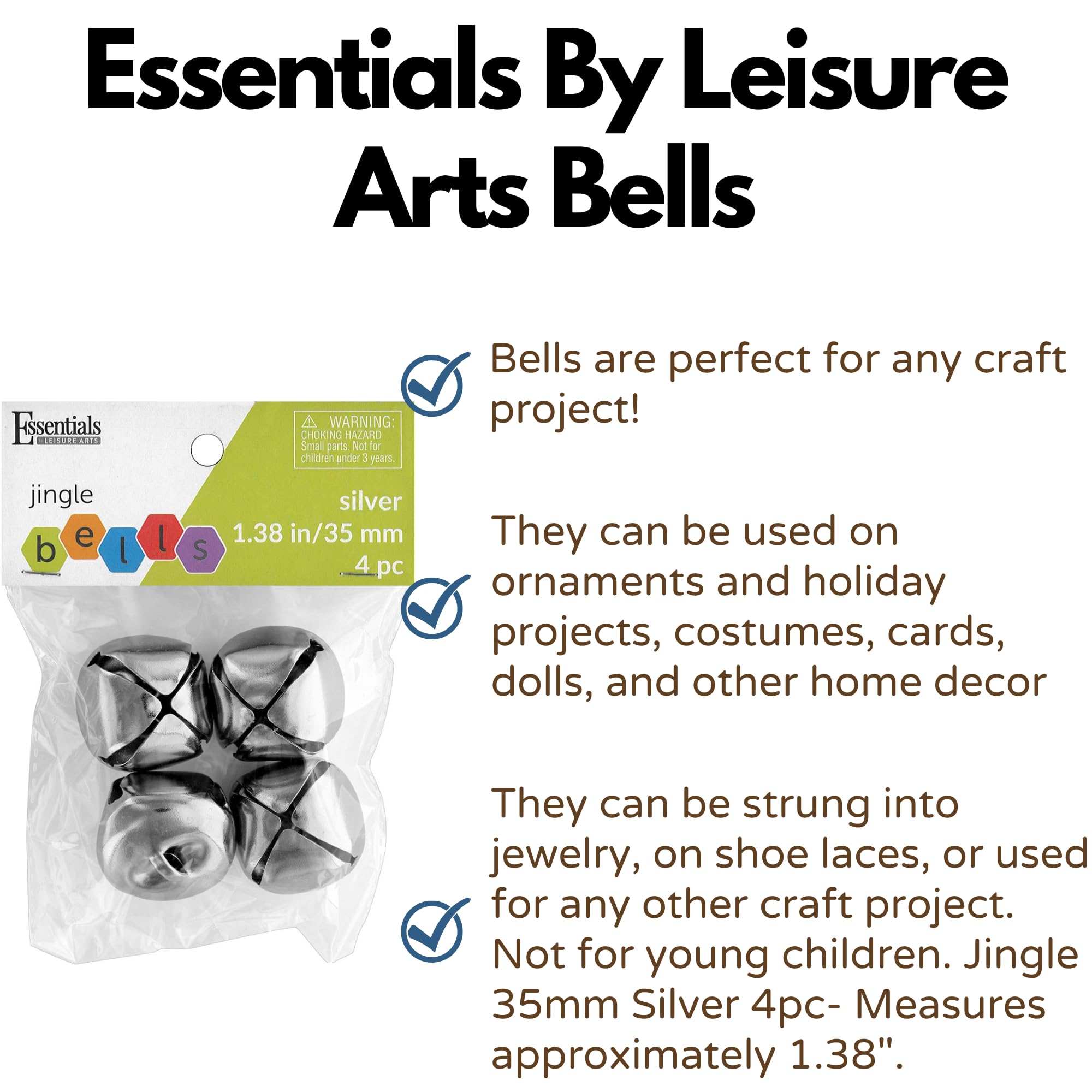 Essentials By Leisure Arts Jingle Bells 35mm Silver 4pc - Large Silver Craft Bells for Holiday Decorations, Ornaments, DIY Projects, Costumes, and Jewelry