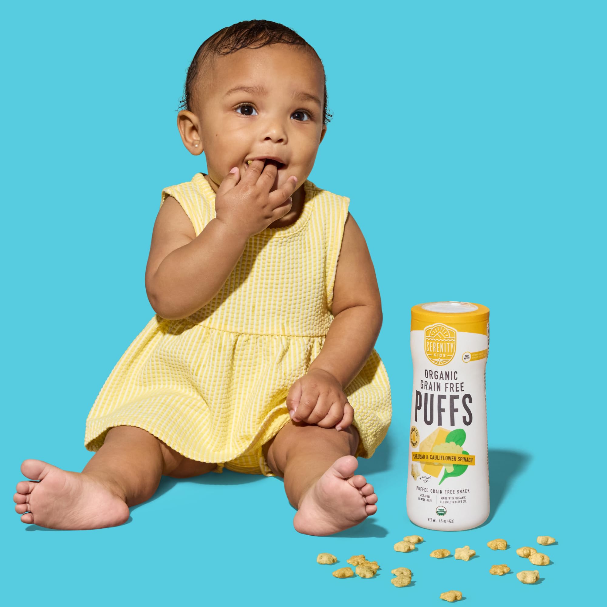 Serenity Kids 6+ Months Grain-Free Baby Puffs - Melt-in-Mouth Toddler Snacks, Easy-Grip Infant Snacks, Real Veggie & Olive Oil Organic Baby Food, 1.5 Oz, Pack of 1, White Cheddar & Cauliflower Spinach