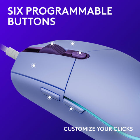 Logitech G203 Wired Gaming Mouse, 8,000 DPI, Rainbow Optical Effect LIGHTSYNC RGB, 6 Programmable Buttons, On-Board Memory, Screen Mapping, PC/Mac Computer and Laptop Compatible - Lilac