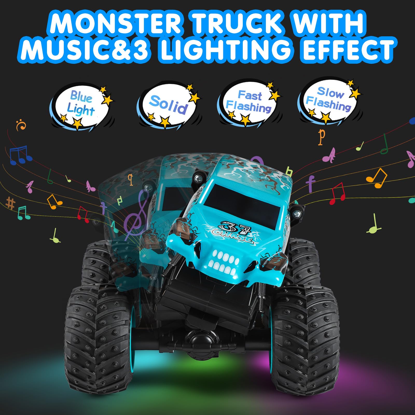 DYODYORC Remote Control Car, 2.4Ghz All Terrain Shark Monster Truck Toys, RC Truck with Music, 3 Lighting Effects, 360 Stunt Capable, 2 Batteries Ready to Run, Toy Gifts for Boys and Girls (Blue)