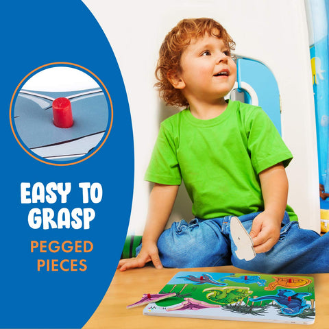 Baby Peg Puzzle 3-in-1 Set - 3 Different Themed Educational Knob Puzzles for Boy & Girl Toddlers Plus: Storage Rack (6 Board Puzzles)