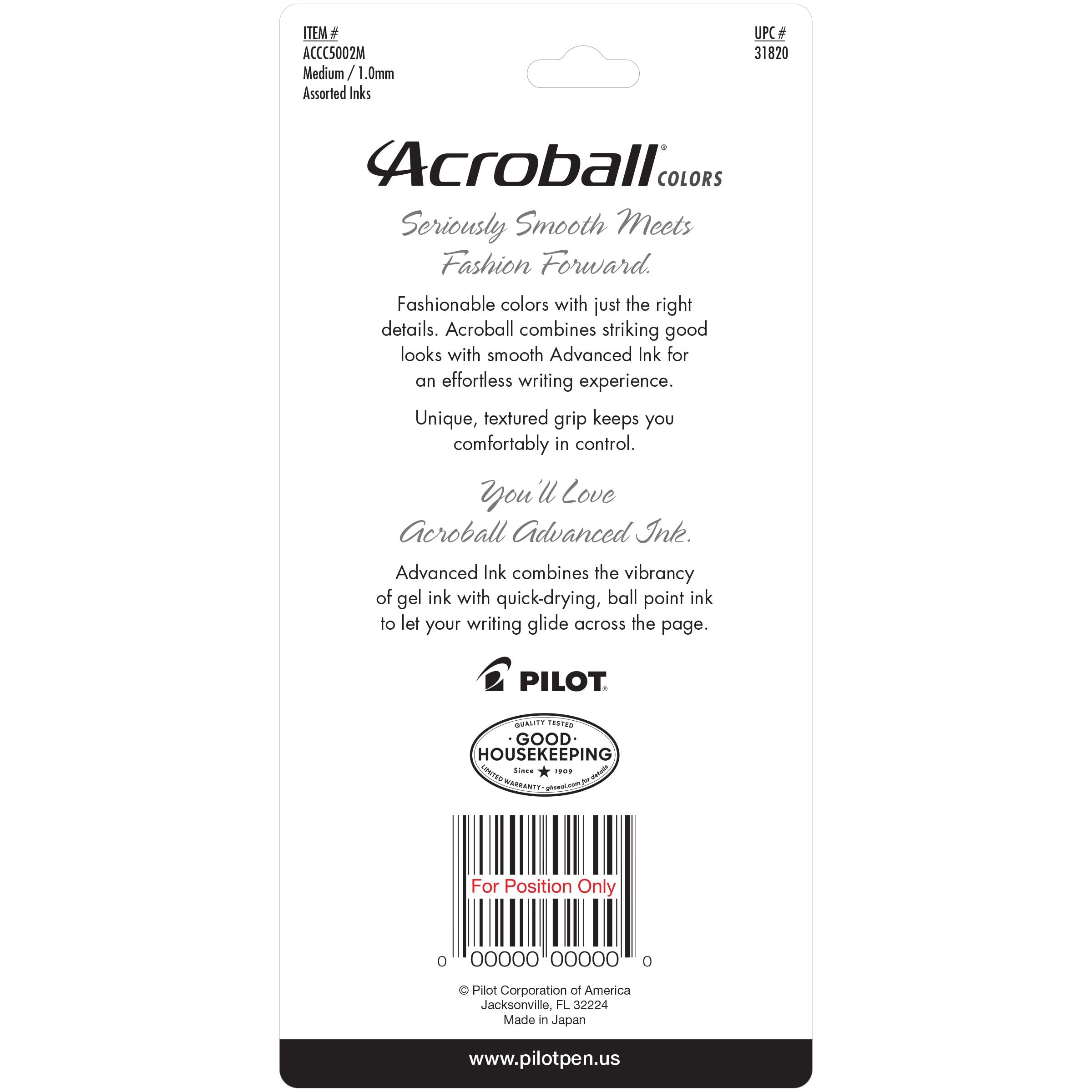 PILOT Acroball Colors Advanced Ink Refillable & Retractable Ball Point Pens, Medium Point, Black/Blue/Red/Green/Purple Inks, 5-Pack (31820)