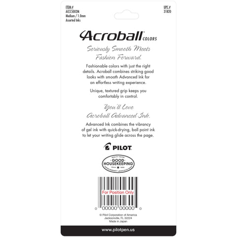PILOT Acroball Colors Advanced Ink Refillable & Retractable Ball Point Pens, Medium Point, Black/Blue/Red/Green/Purple Inks, 5-Pack (31820)